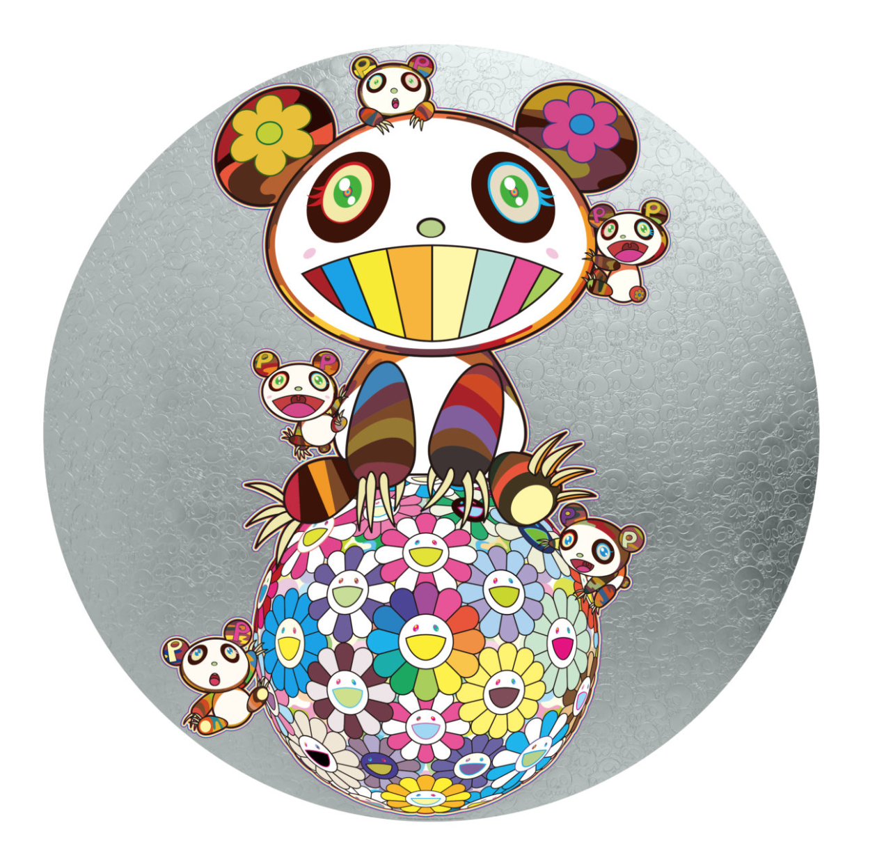 村上隆 100枚限定 版画 お花の玉に抱きついている子供のパンダ。 ポスター